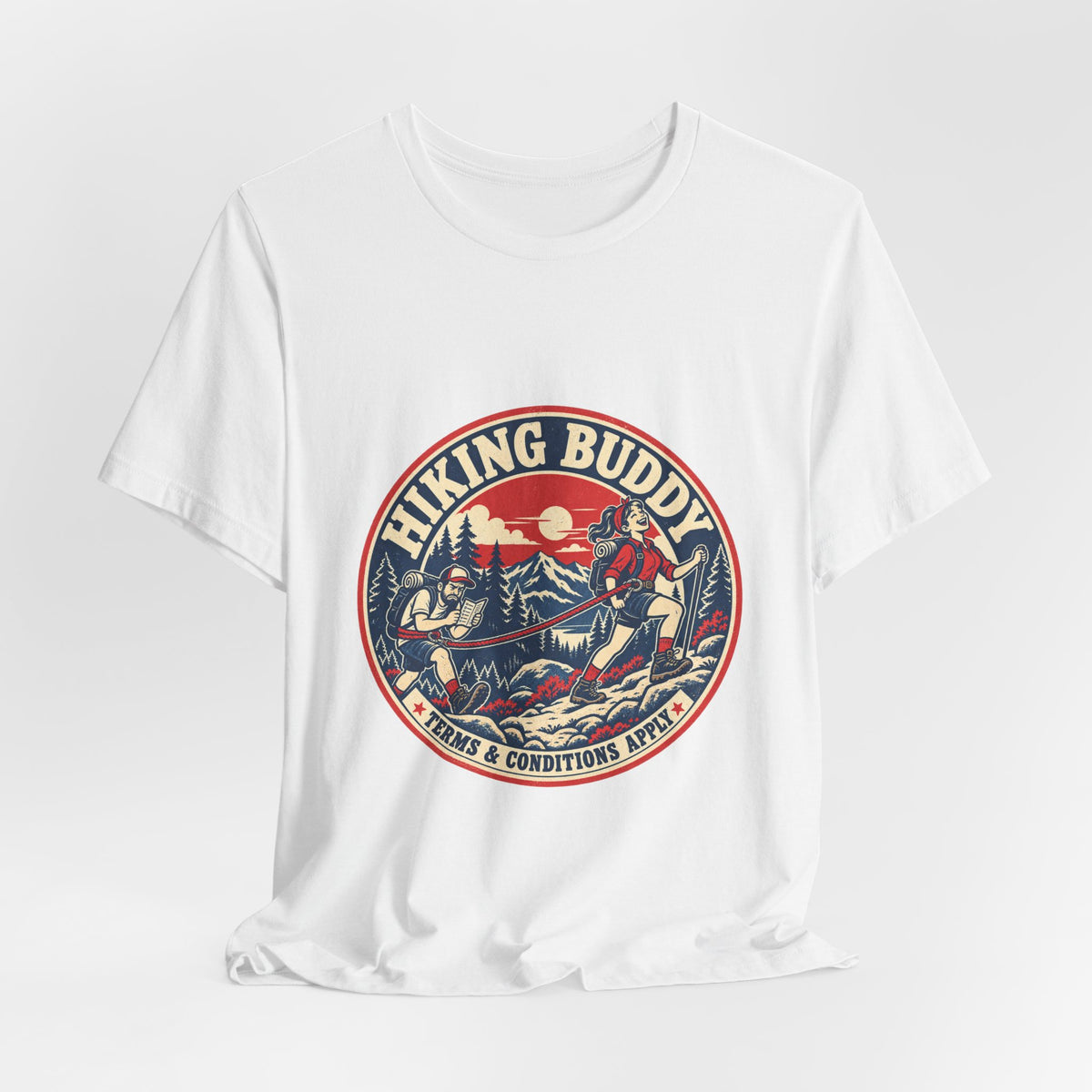 Hiking Buddy T-Shirt — Vintage Mountain Trekking Tee with Terms & Conditions Apply