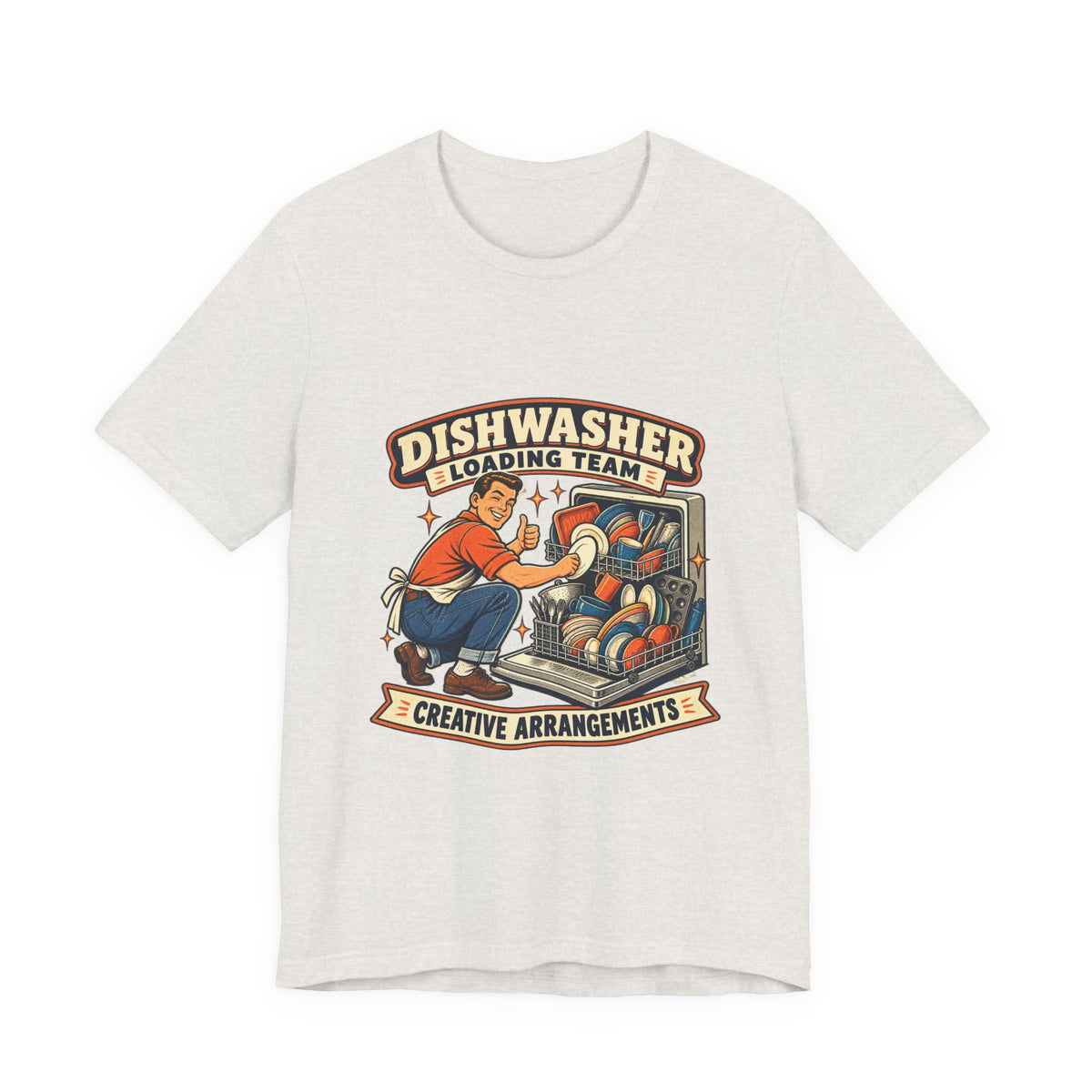 Dishwasher Loading Team T-Shirt, Creative Arrangements Retro Kitchen Humor Tee
