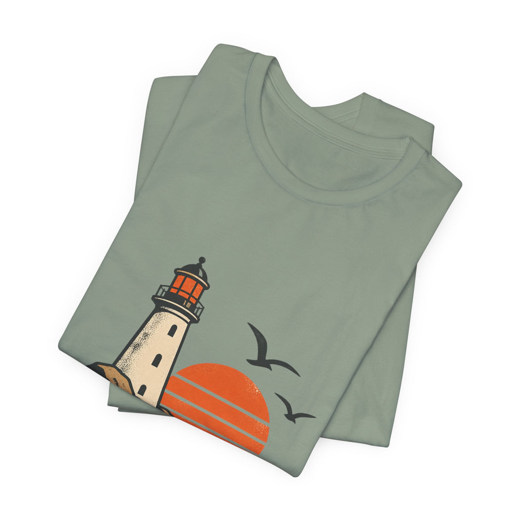Vintage Coastal Lighthouse Sunset T-Shirt — Ocean Waves, Seagulls & Seaside Adventure