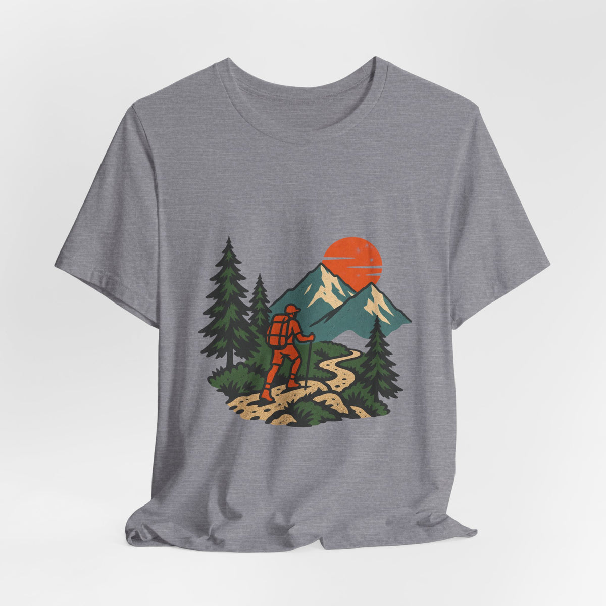 Retro Trail Hiker Mountain Sunset T-Shirt — Vintage Hiking Adventure Tee