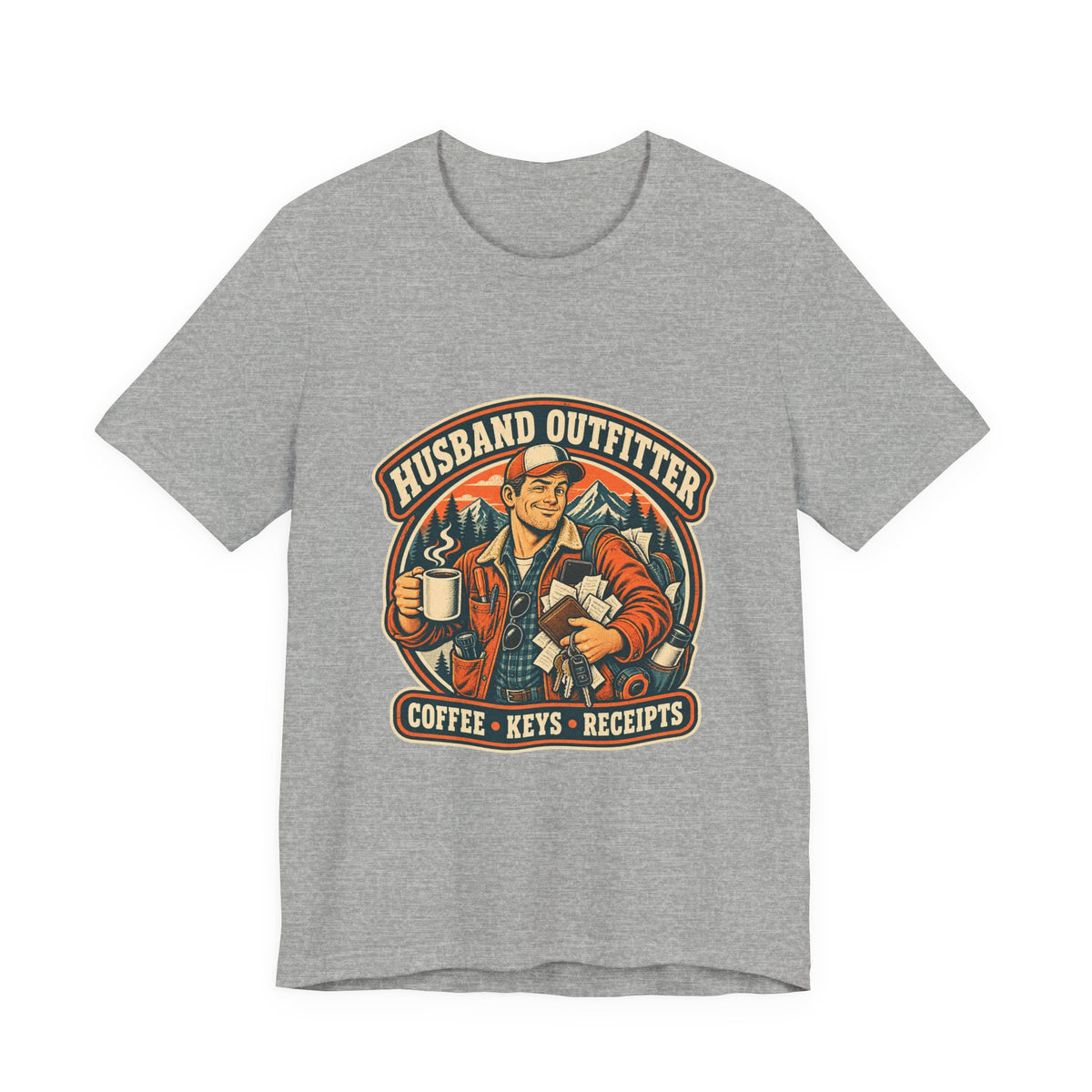 Husband Outfitter Coffee Keys Receipts T-Shirt — Retro Multitasker Husband Humor Tee