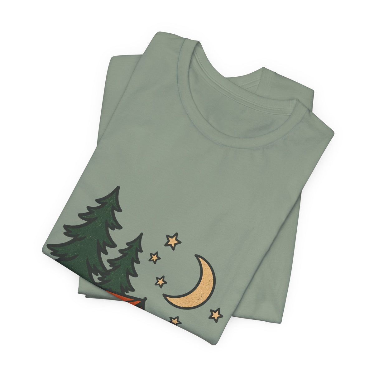 Vintage Camping Night T-Shirt with Tent, Campfire, Pine Trees, Moon and Stars