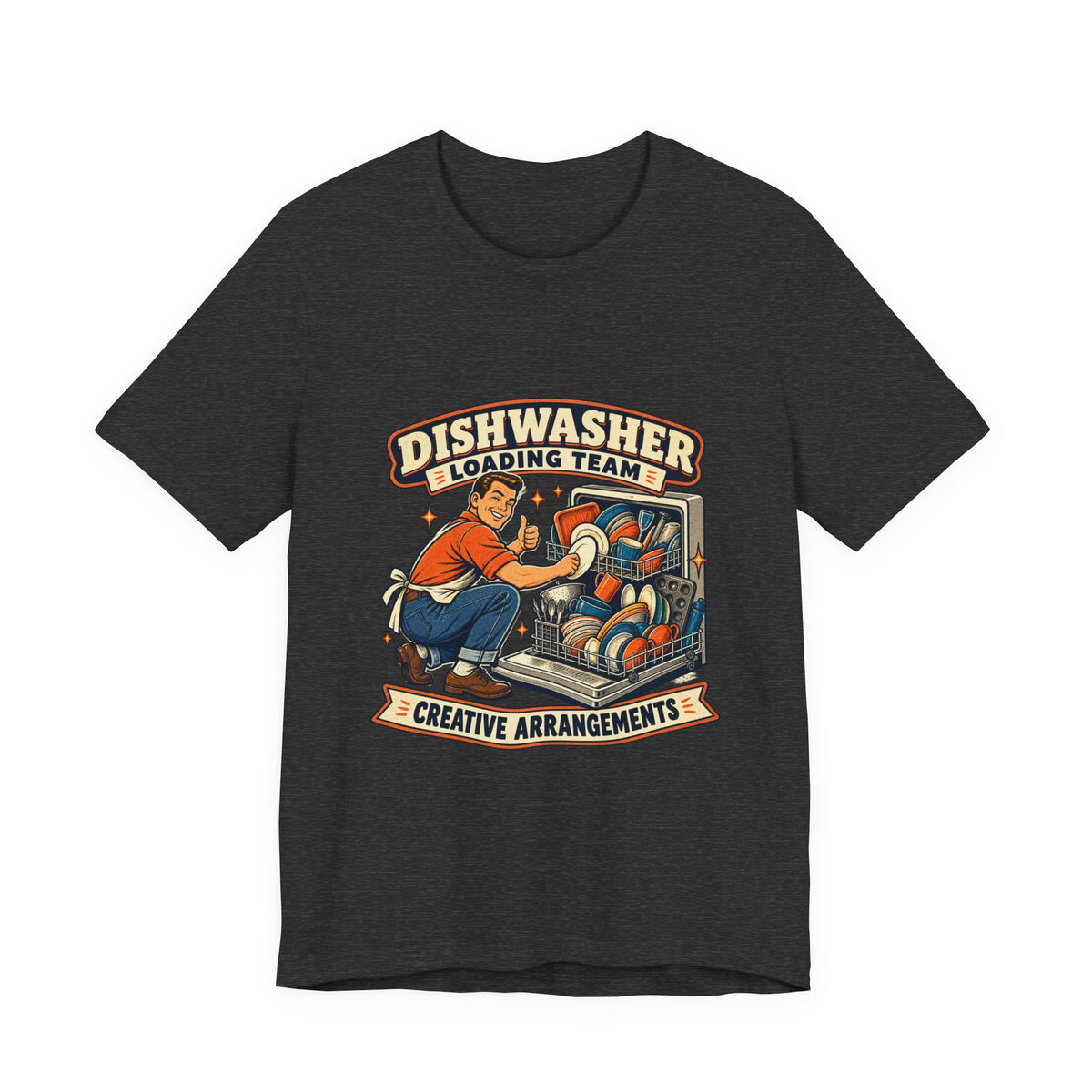 Dishwasher Loading Team T-Shirt, Creative Arrangements Retro Kitchen Humor Tee