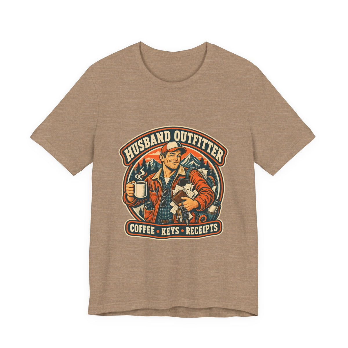 Husband Outfitter Coffee Keys Receipts T-Shirt — Retro Multitasker Husband Humor Tee