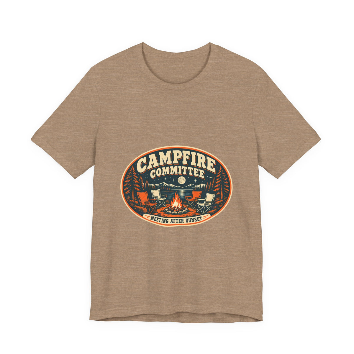 Campfire Committee T-Shirt — Meeting After Sunset Vintage Camping Badge Tee