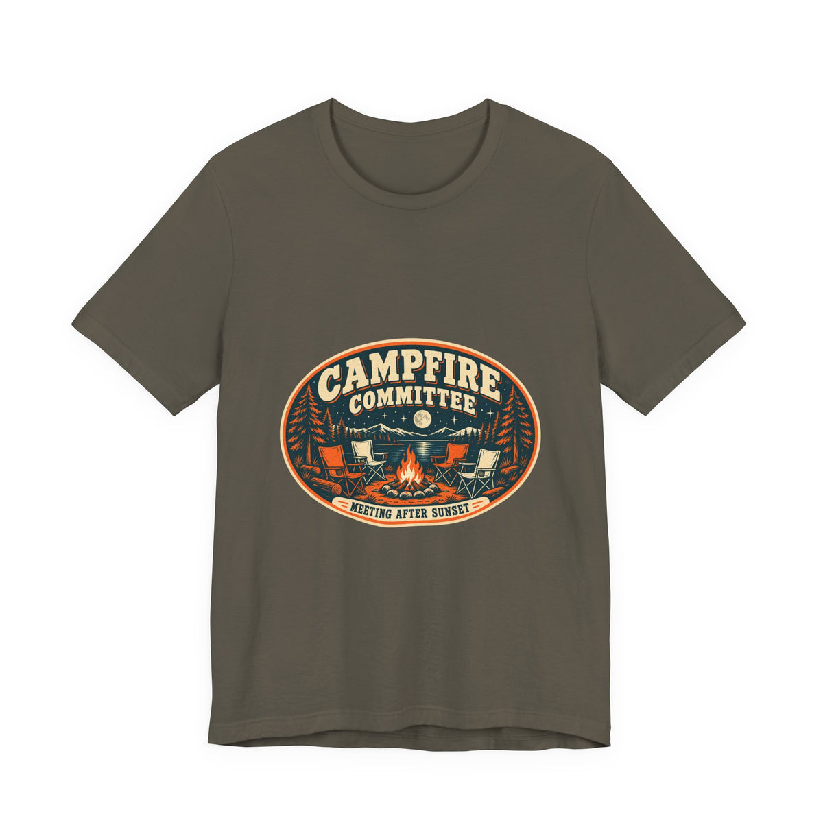 Campfire Committee T-Shirt — Meeting After Sunset Vintage Camping Badge Tee