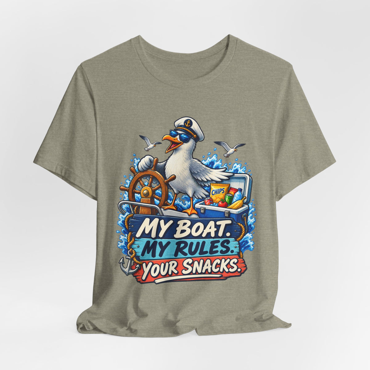 My Boat My Rules Your Snacks T-Shirt — Funny Nautical Seagull Captain Boating Tee