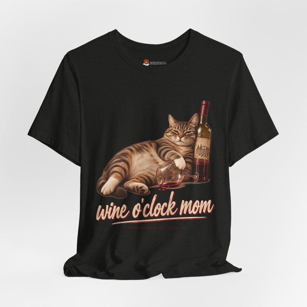 Wine O'Clock Mom T-Shirt — Cat with Wine Bottle Graphic