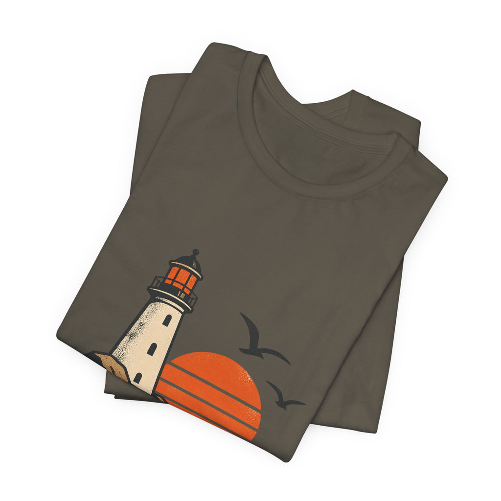 Vintage Coastal Lighthouse Sunset T-Shirt — Ocean Waves, Seagulls & Seaside Adventure