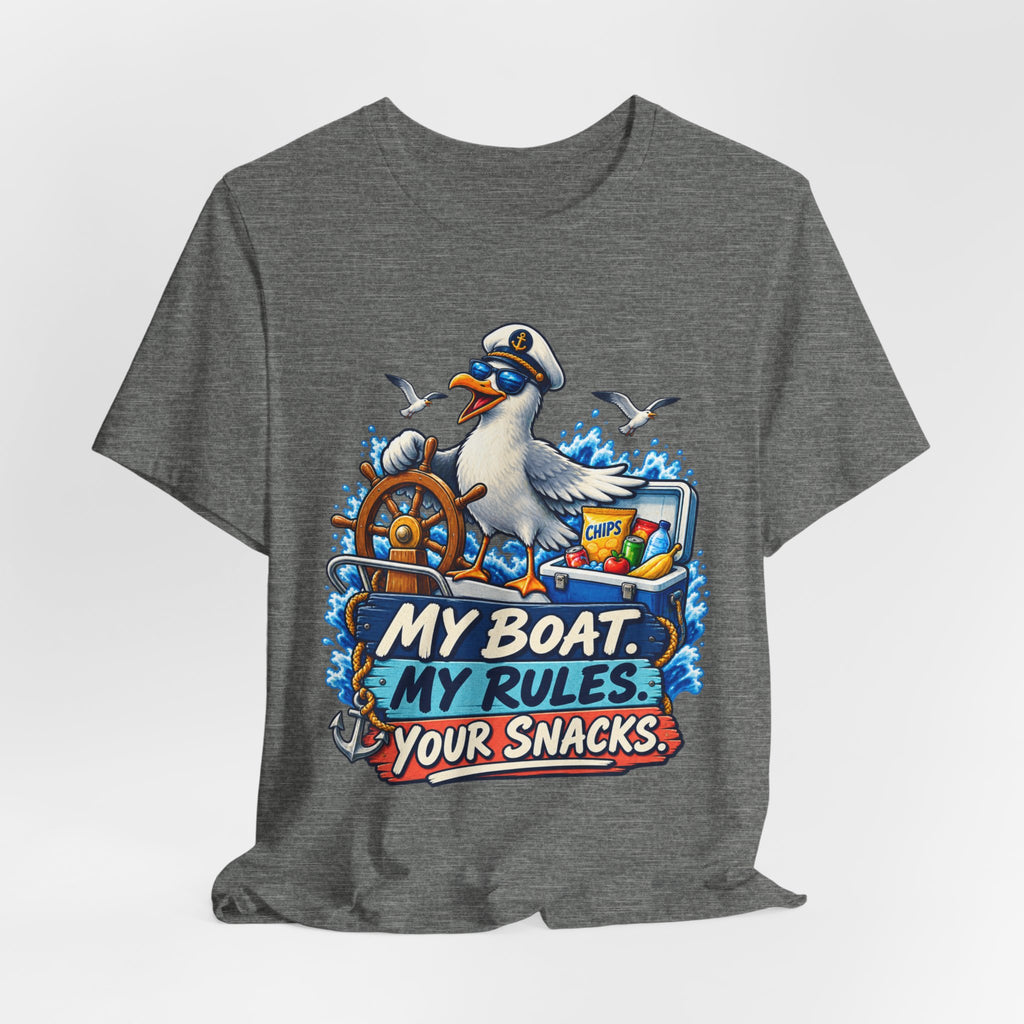 My Boat My Rules Your Snacks T-Shirt — Funny Nautical Seagull Captain Boating Tee