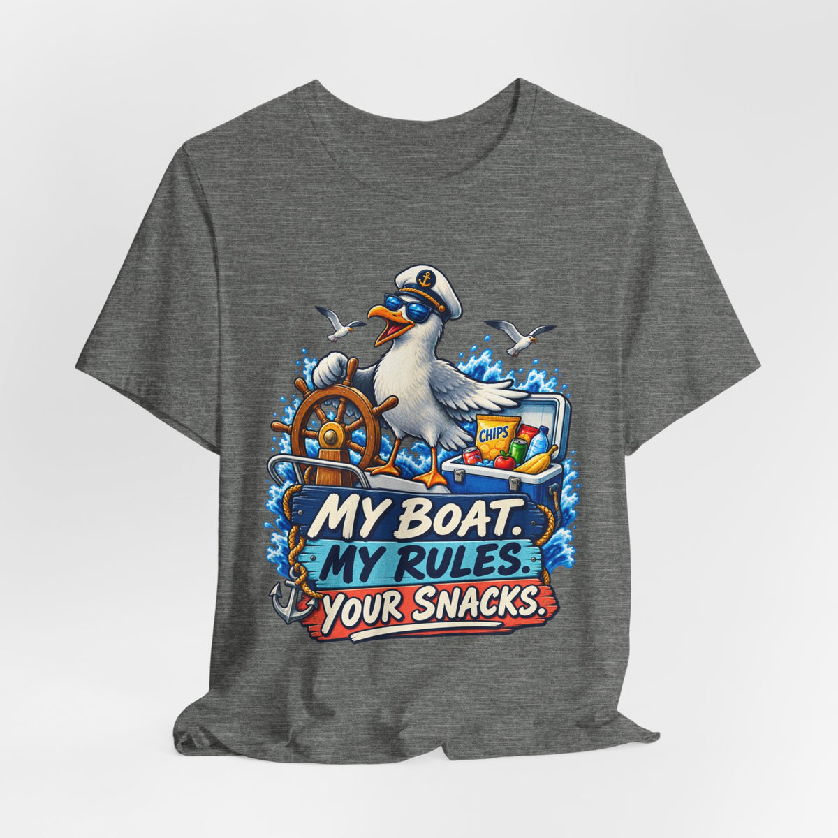My Boat My Rules Your Snacks T-Shirt — Funny Nautical Seagull Captain Boating Tee