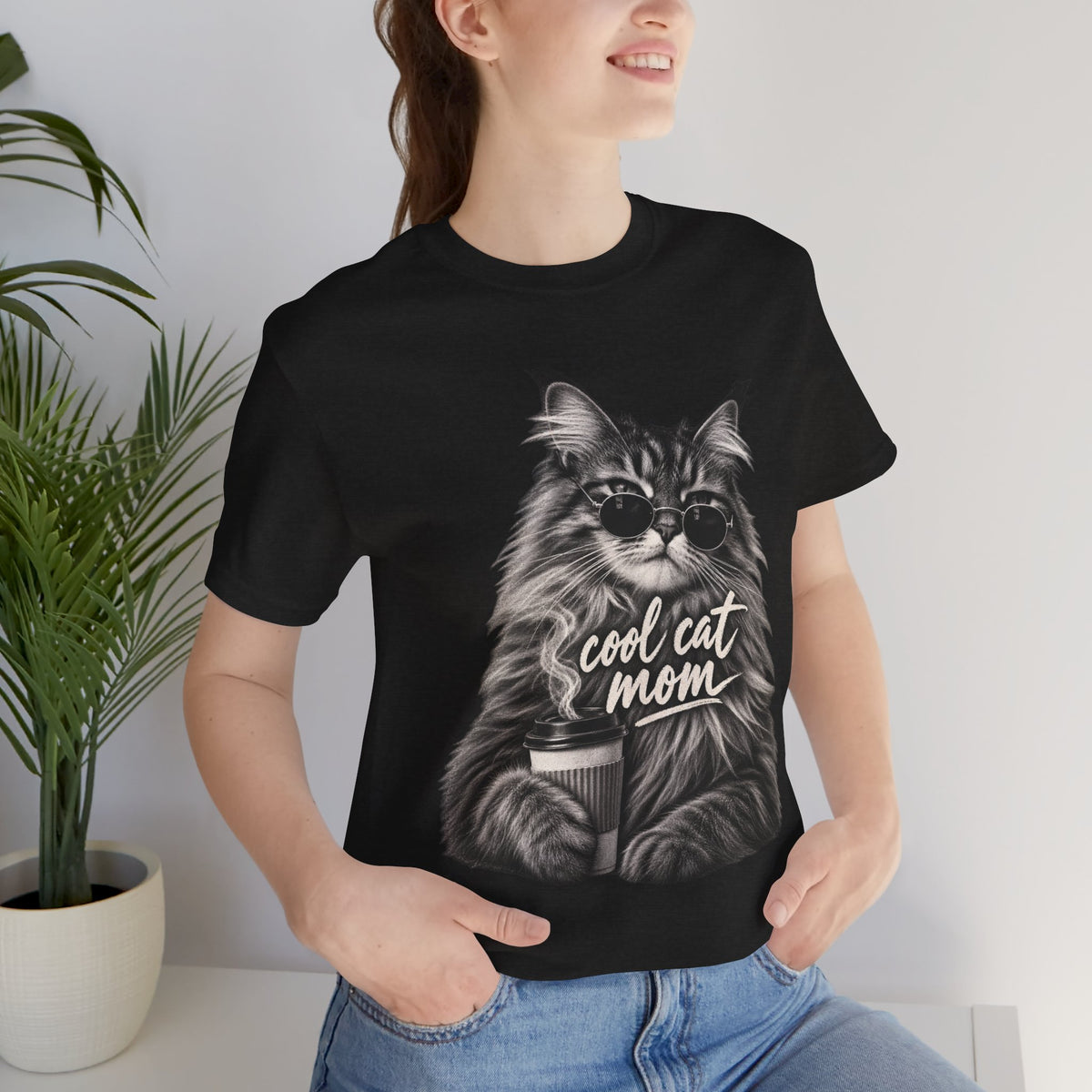 Cool Cat Mom T-Shirt — Cute Coffee Cat Graphic Tee for Cat Moms