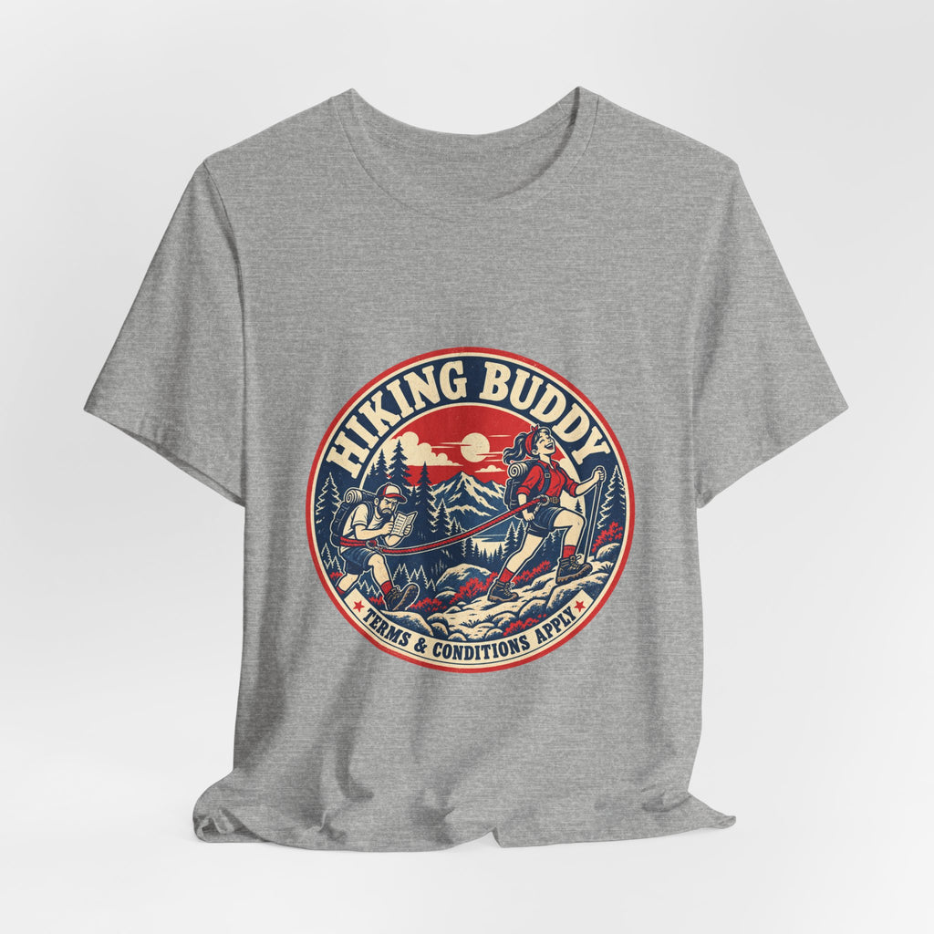 Hiking Buddy T-Shirt — Vintage Mountain Trekking Tee with Terms & Conditions Apply