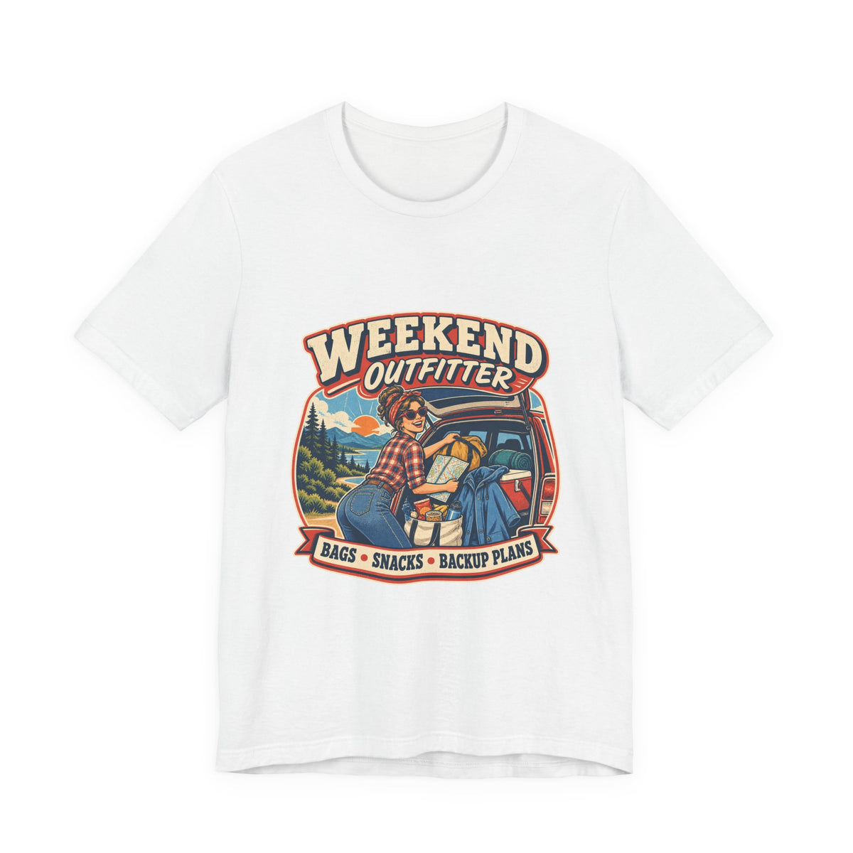 Weekend Outfitter Vintage Adventure T-Shirt — Bags Snacks Backup Plans Retro Road Trip Tee