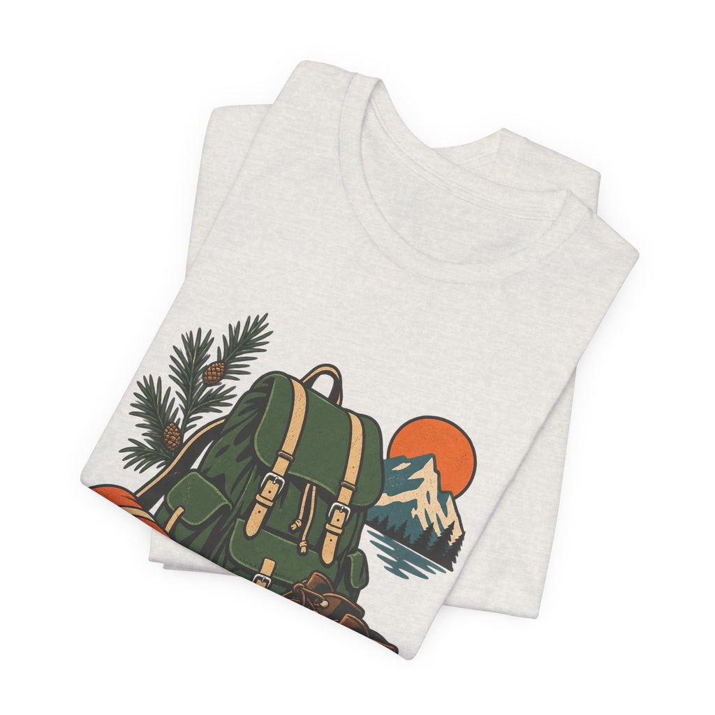 Vintage Hiking Adventure T-Shirt — Backpack, Boots, Compass and Mountain Camping Design