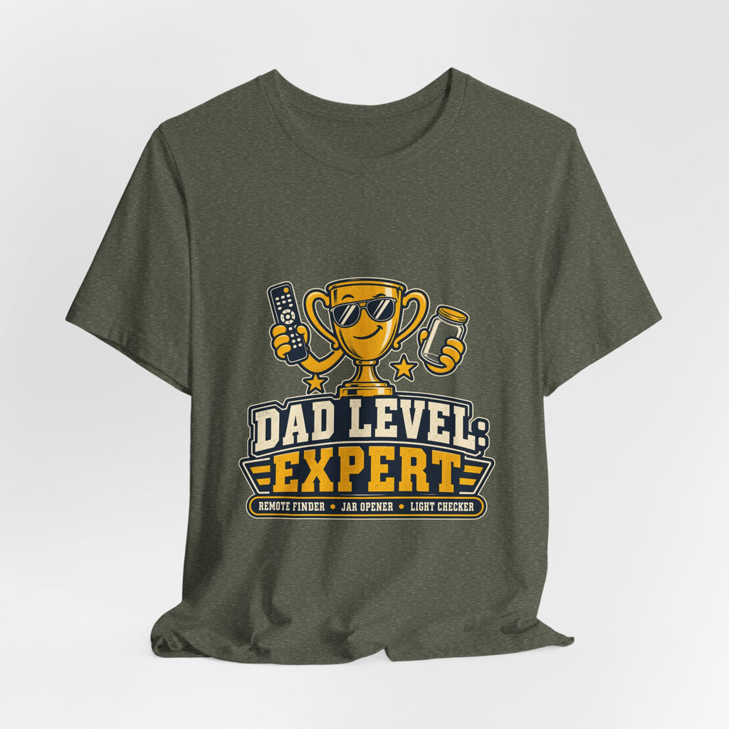 Dad Level Expert T-Shirt — Funny Trophy Dad Gift with Remote Finder, Jar Opener & Light Checker