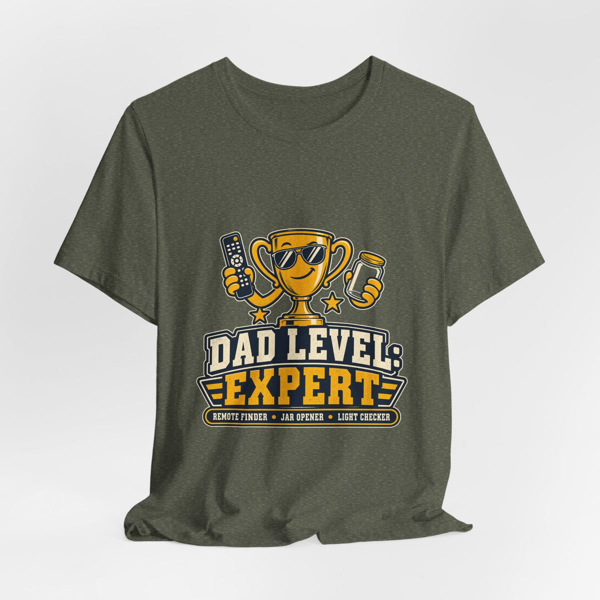Dad Level Expert T-Shirt — Funny Trophy Dad Gift with Remote Finder, Jar Opener & Light Checker