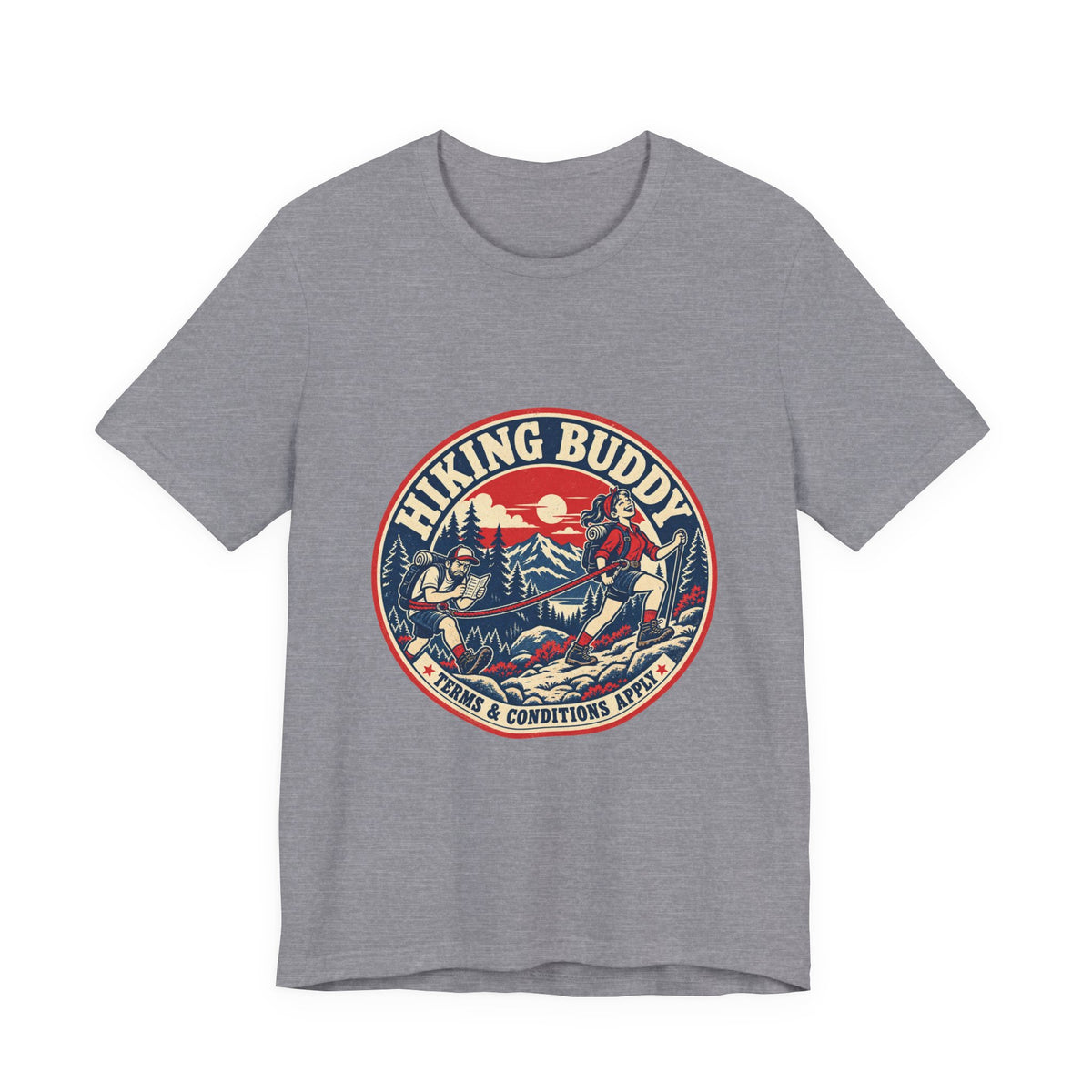 Hiking Buddy T-Shirt — Vintage Mountain Trekking Tee with Terms & Conditions Apply