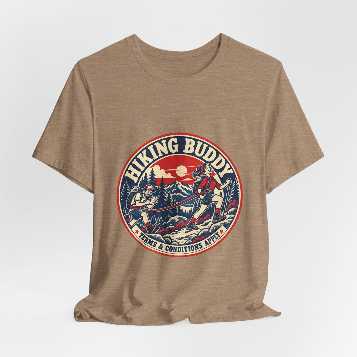 Hiking Buddy T-Shirt — Vintage Mountain Trekking Tee with Terms & Conditions Apply