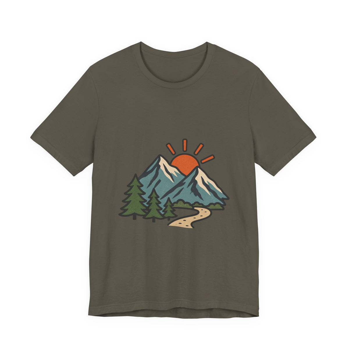 Vintage Mountain Sunrise T-Shirt — Retro Pine Trees, Scenic Hiking Trail & Outdoor Adventure Tee