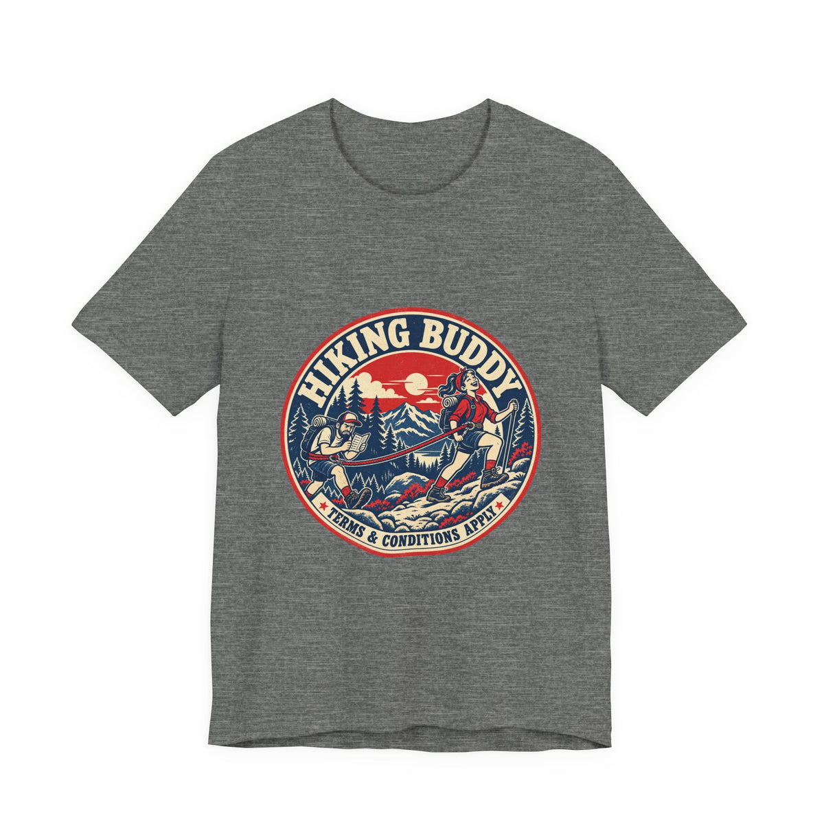 Hiking Buddy T-Shirt — Vintage Mountain Trekking Tee with Terms & Conditions Apply