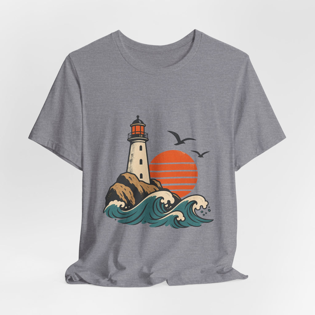 Vintage Coastal Lighthouse Sunset T-Shirt — Ocean Waves, Seagulls & Seaside Adventure