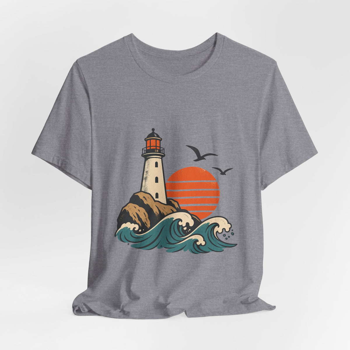 Vintage Coastal Lighthouse Sunset T-Shirt — Ocean Waves, Seagulls & Seaside Adventure