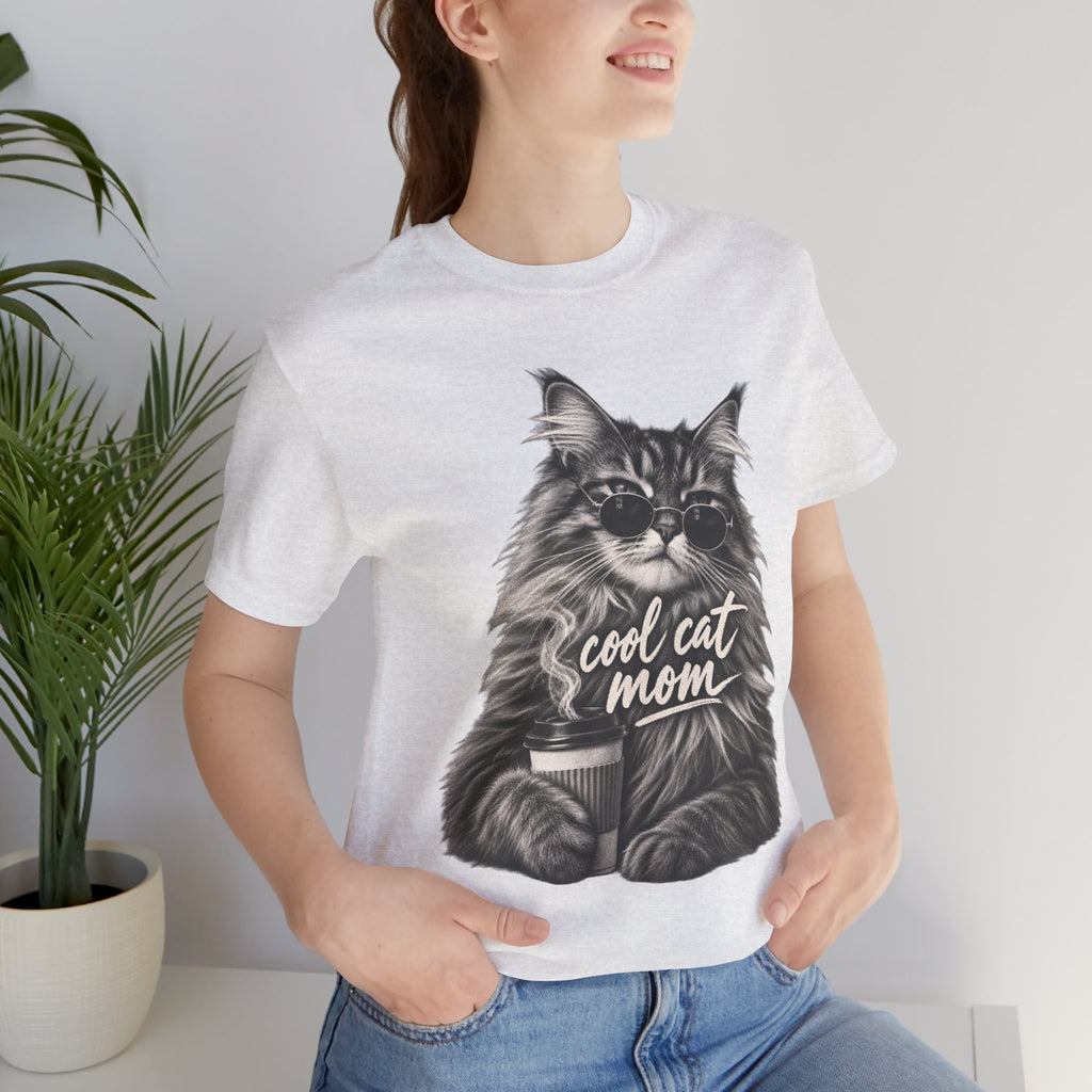 Cool Cat Mom T-Shirt — Cute Coffee Cat Graphic Tee for Cat Moms