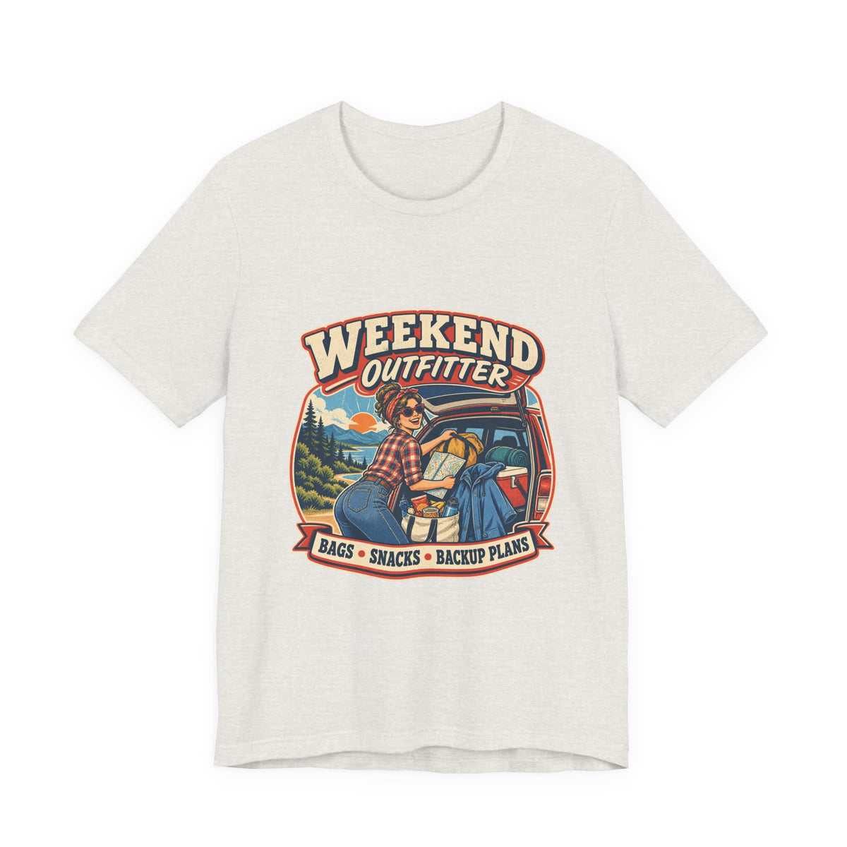 Weekend Outfitter Vintage Adventure T-Shirt — Bags Snacks Backup Plans Retro Road Trip Tee