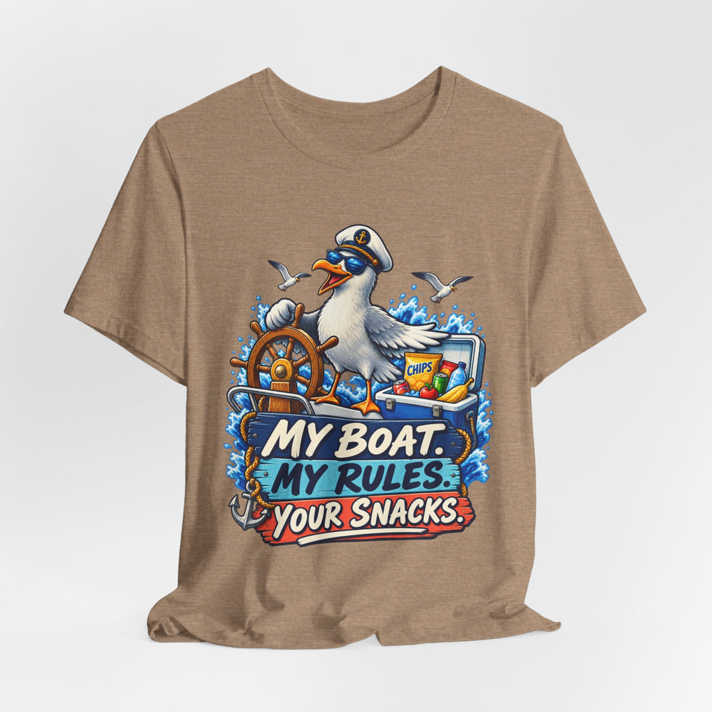 My Boat My Rules Your Snacks T-Shirt — Funny Nautical Seagull Captain Boating Tee