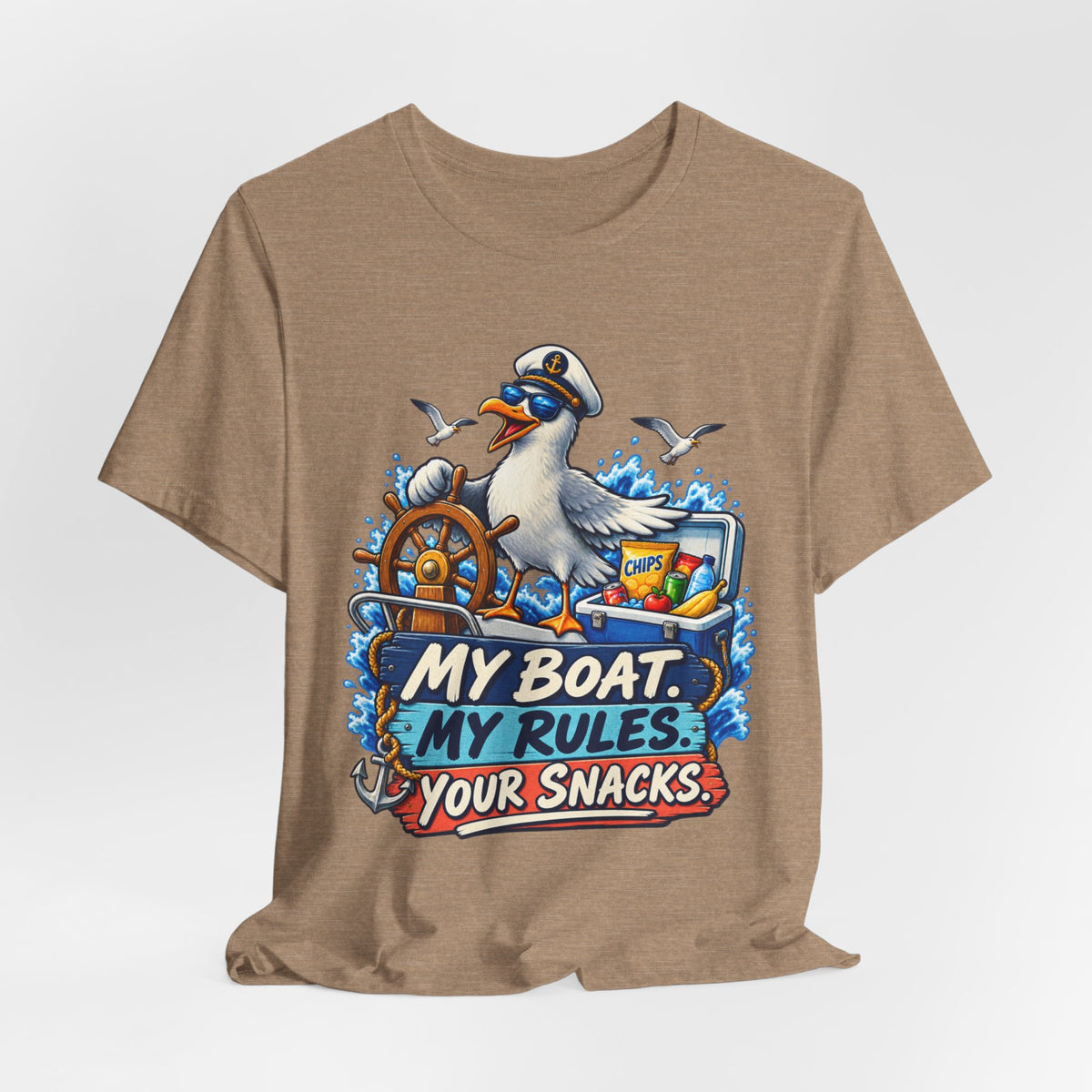 My Boat My Rules Your Snacks T-Shirt — Funny Nautical Seagull Captain Boating Tee