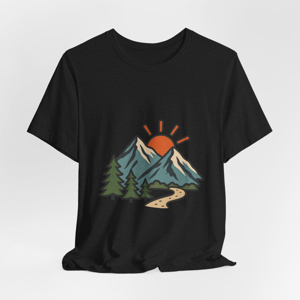 Vintage Mountain Sunrise T-Shirt — Retro Pine Trees, Scenic Hiking Trail & Outdoor Adventure Tee