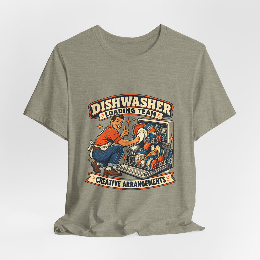 Dishwasher Loading Team T-Shirt, Creative Arrangements Retro Kitchen Humor Tee