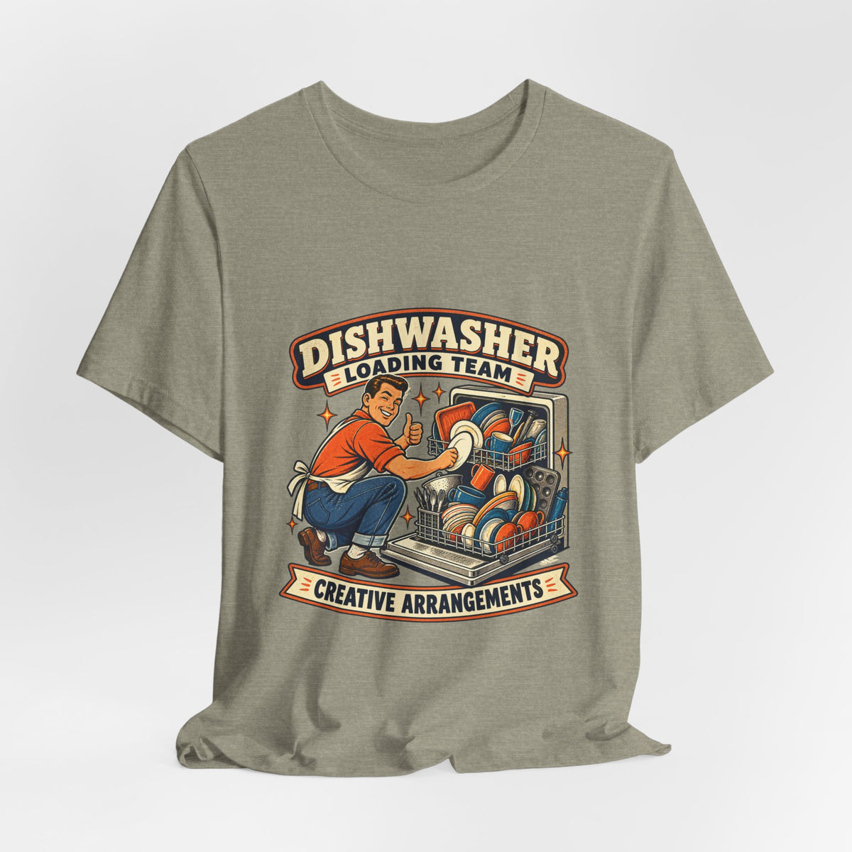 Dishwasher Loading Team T-Shirt, Creative Arrangements Retro Kitchen Humor Tee