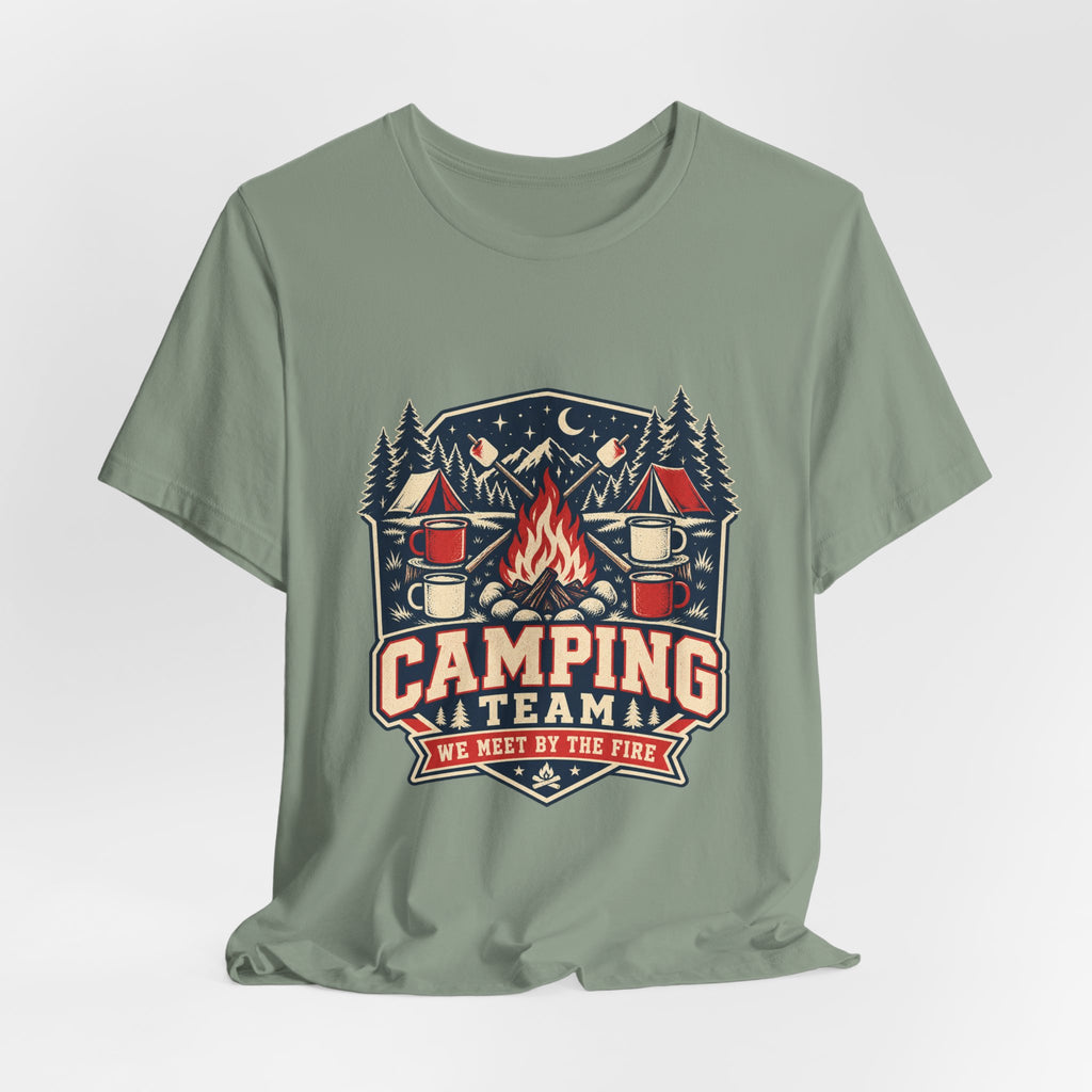 Camping Team T-Shirt — Vintage Campfire Adventure Tee with “We Meet by the Fire”