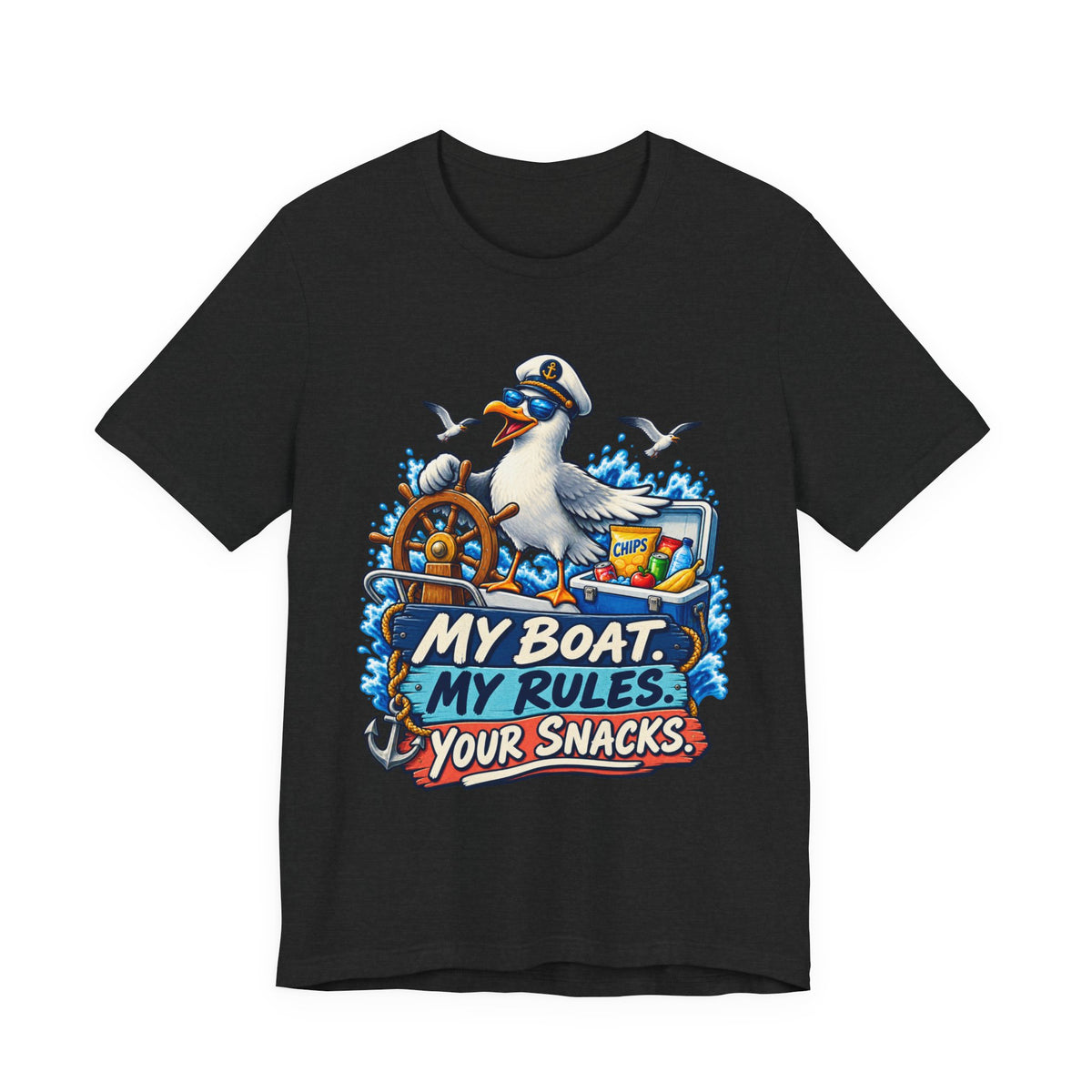 My Boat My Rules Your Snacks T-Shirt — Funny Nautical Seagull Captain Boating Tee