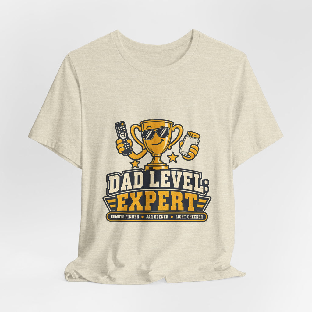 Dad Level Expert T-Shirt — Funny Trophy Dad Gift with Remote Finder, Jar Opener & Light Checker