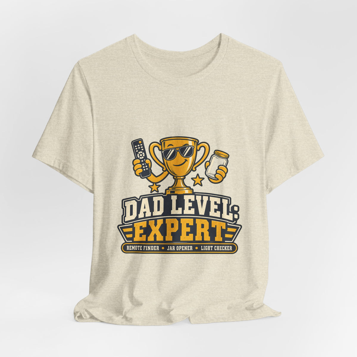 Dad Level Expert T-Shirt — Funny Trophy Dad Gift with Remote Finder, Jar Opener & Light Checker