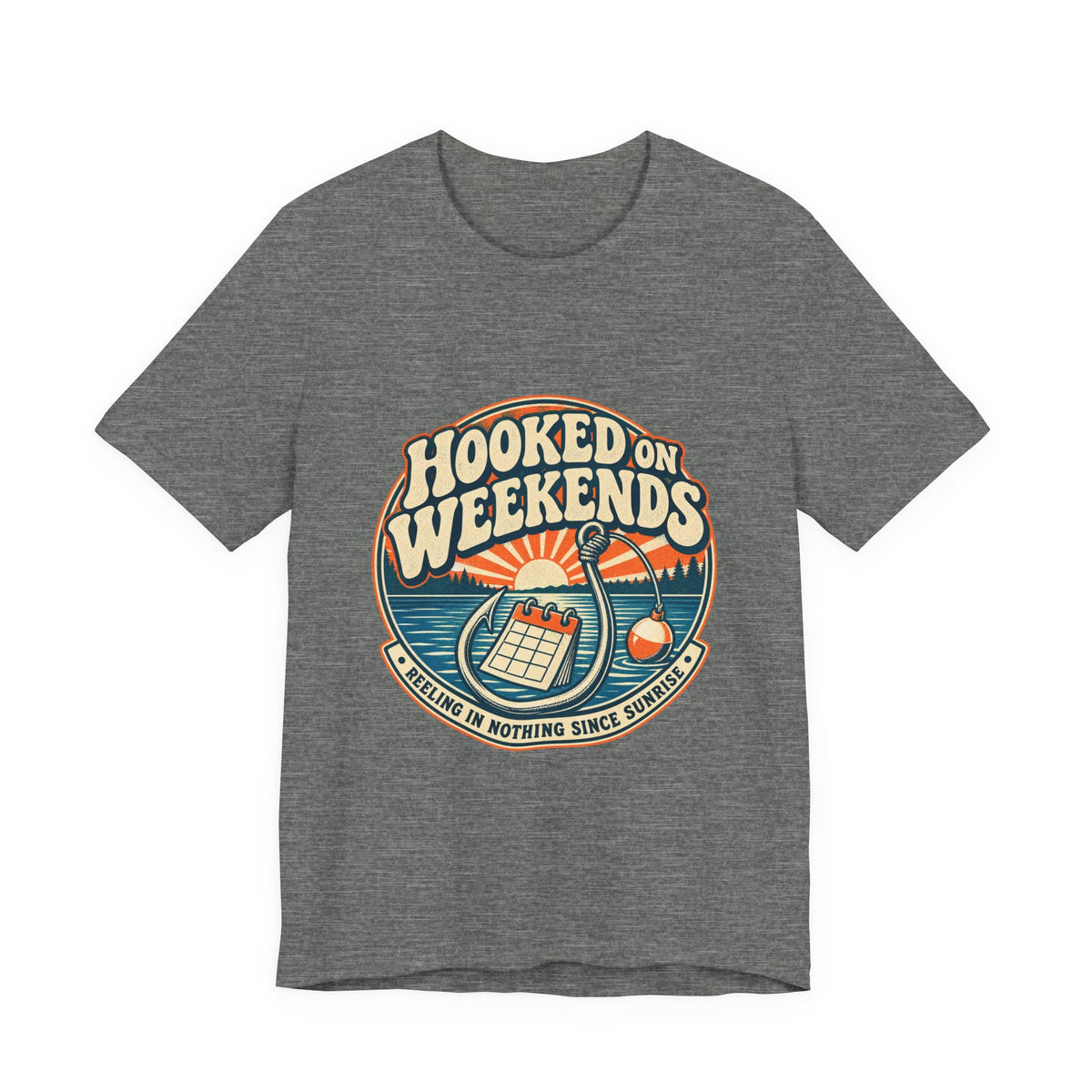 Hooked on Weekends Fishing T-Shirt — Vintage Lake Reel & Sunrise Tee