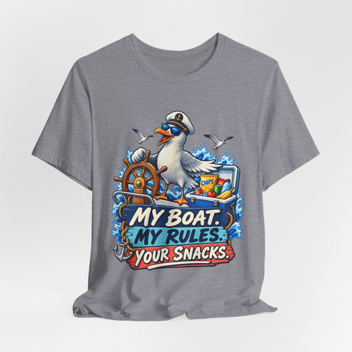 My Boat My Rules Your Snacks T-Shirt — Funny Nautical Seagull Captain Boating Tee
