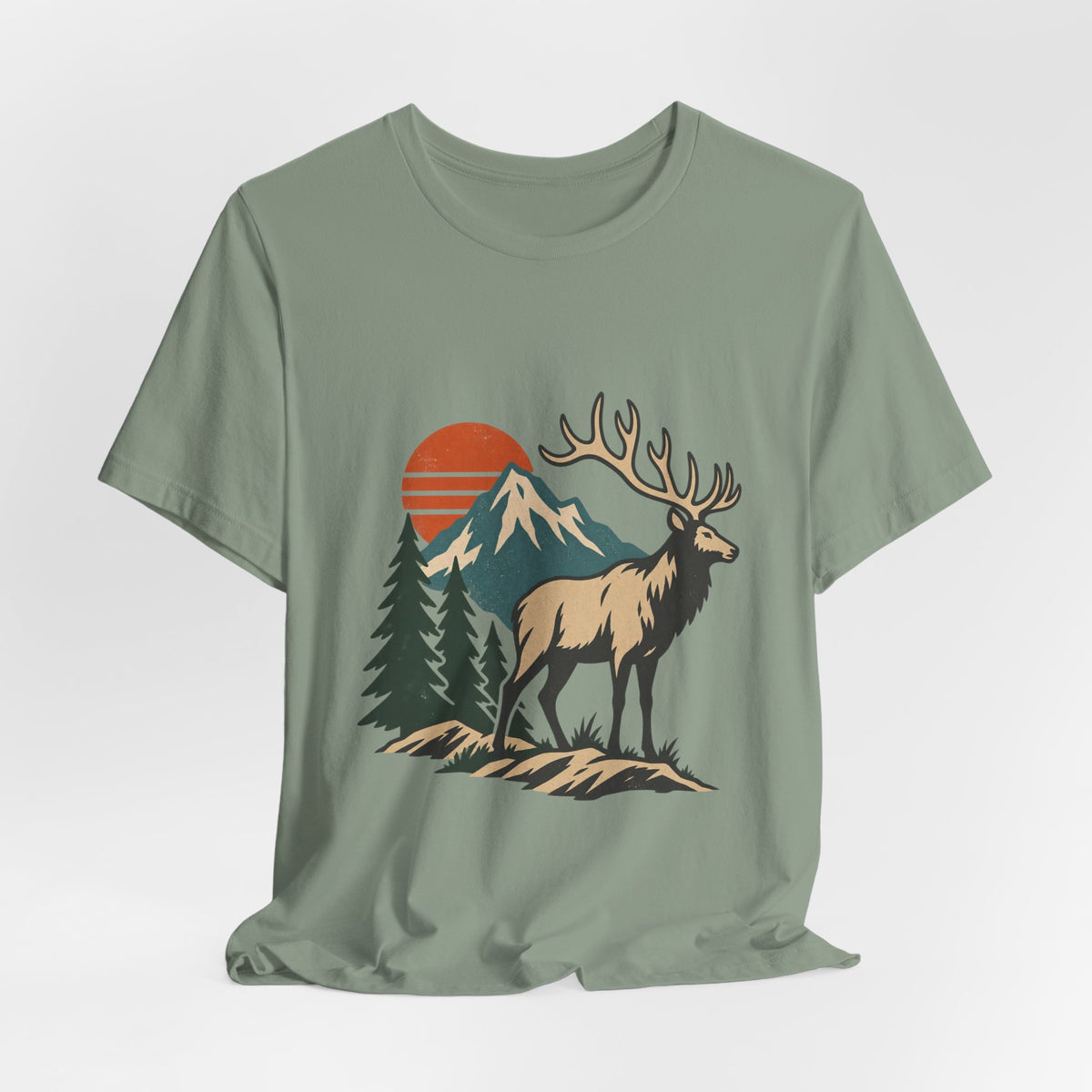 Vintage Elk Mountain T-Shirt, Retro Wilderness Deer and Pine Forest Graphic Tee