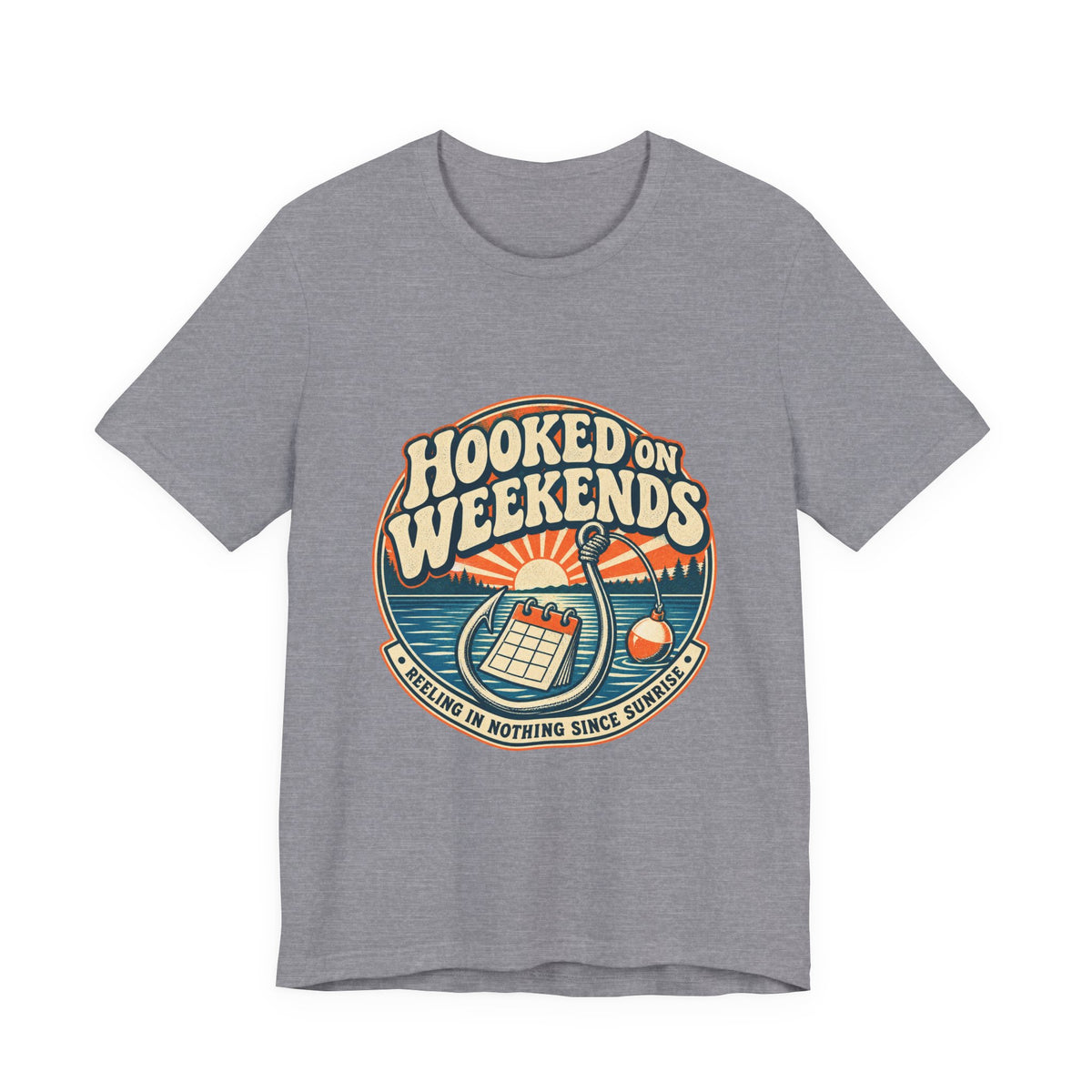 Hooked on Weekends Fishing T-Shirt — Vintage Lake Reel & Sunrise Tee