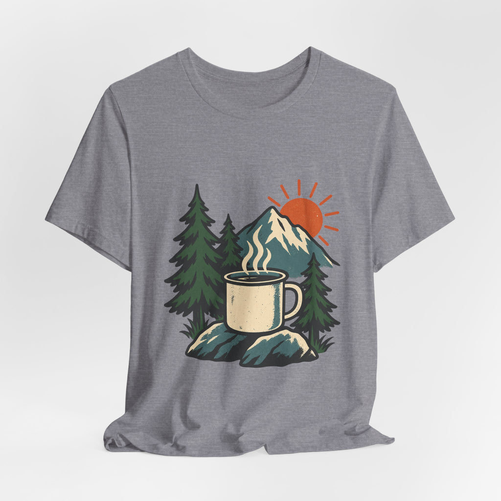 Vintage Camping Coffee Mug T-Shirt — Mountain Sunrise Outdoor Coffee Lover Tee