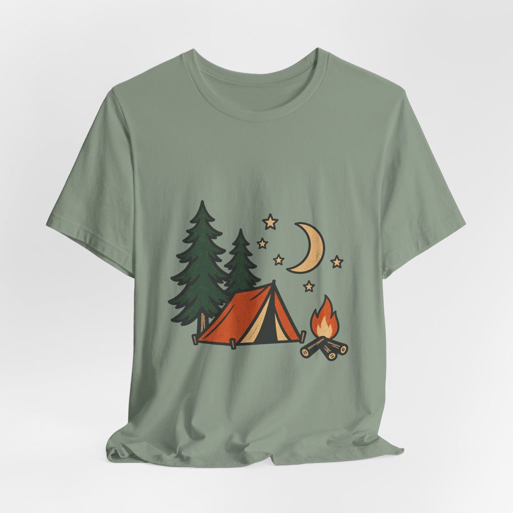 Vintage Camping Night T-Shirt with Tent, Campfire, Pine Trees, Moon and Stars