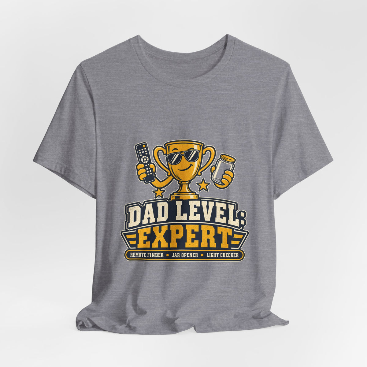 Dad Level Expert T-Shirt — Funny Trophy Dad Gift with Remote Finder, Jar Opener & Light Checker