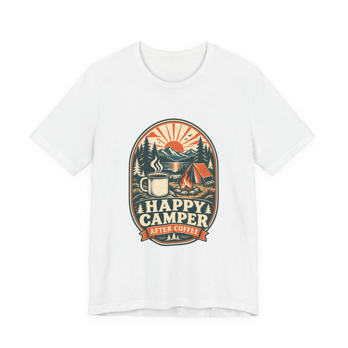 Happy Camper After Coffee T-Shirt — Vintage Camping Mug, Campfire & Mountain Tee