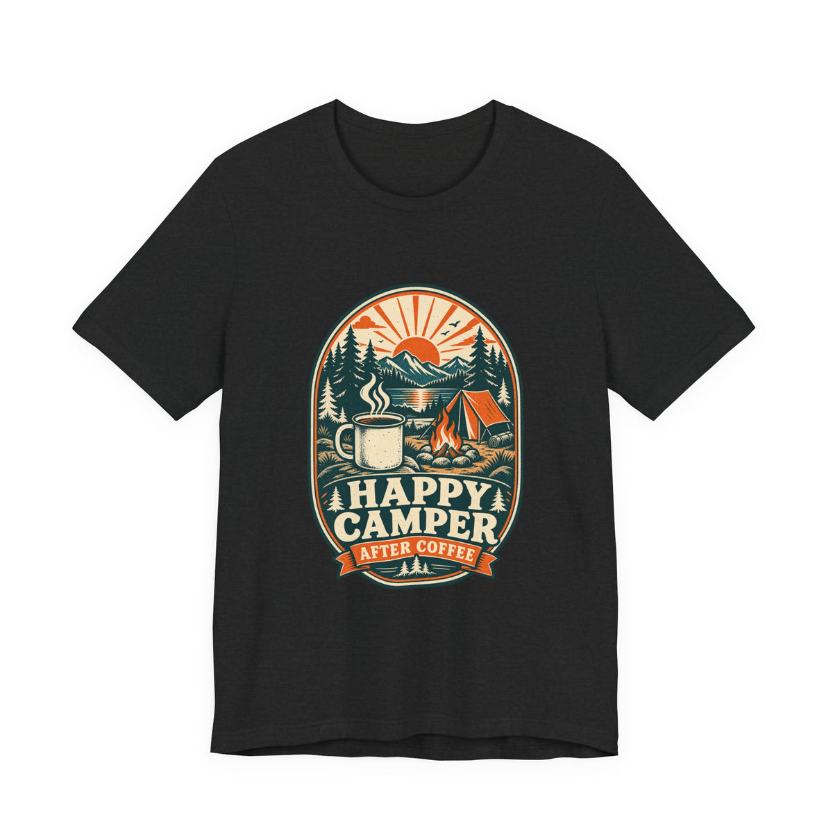 Happy Camper After Coffee T-Shirt — Vintage Camping Mug, Campfire & Mountain Tee