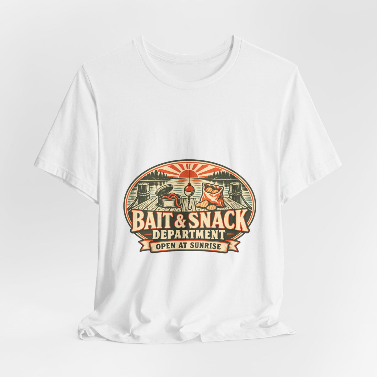 Bait & Snack Department T-Shirt — Open at Sunrise Fishing Dock Vintage Tee