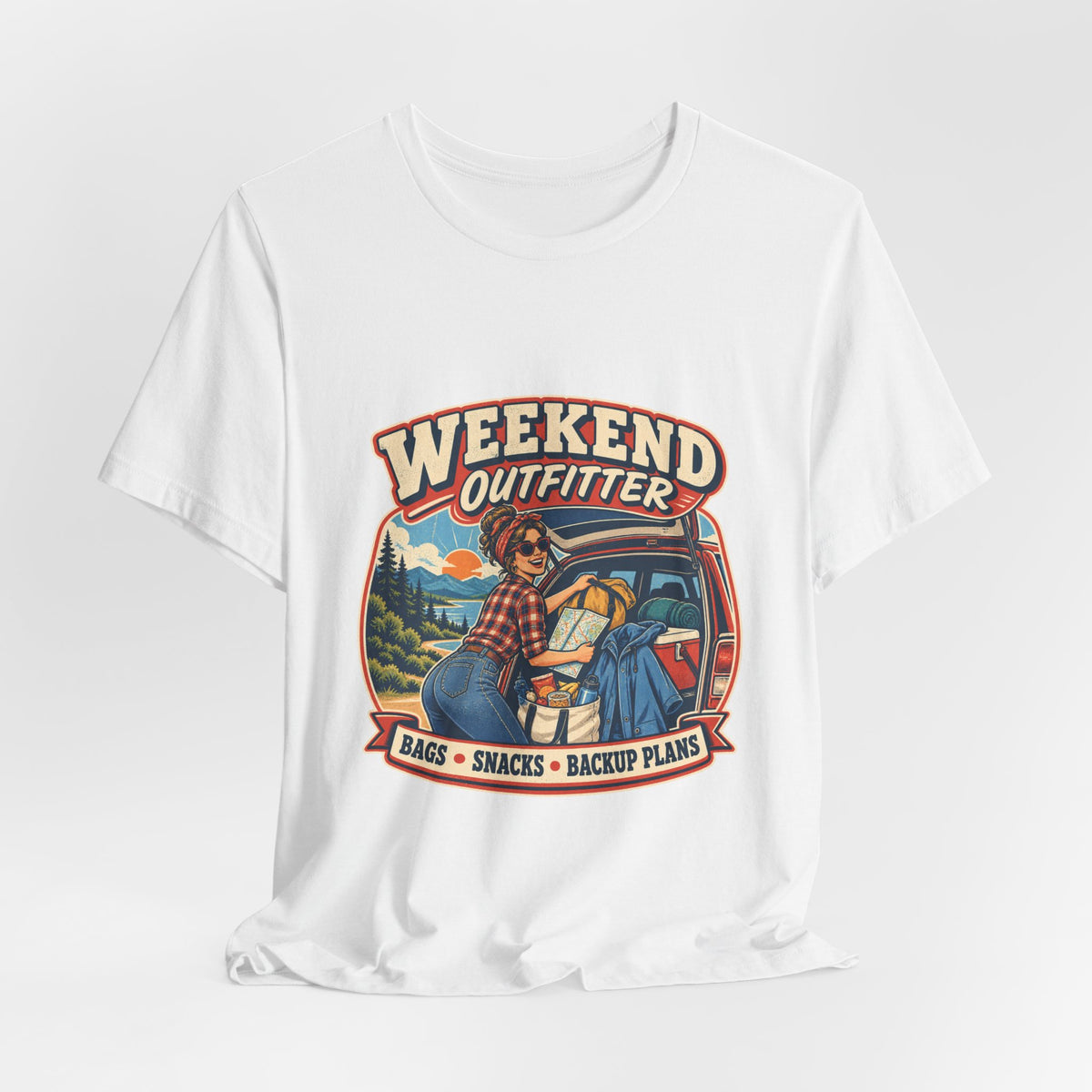 Weekend Outfitter Vintage Adventure T-Shirt — Bags Snacks Backup Plans Retro Road Trip Tee