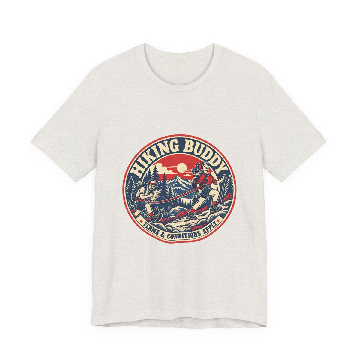 Hiking Buddy T-Shirt — Vintage Mountain Trekking Tee with Terms & Conditions Apply